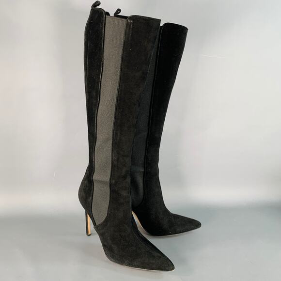 MANOLO BLAHNIK Size 8.5 Black Suede Pull On Pointed Toe Stiletto Boots - Picture 1 of 8